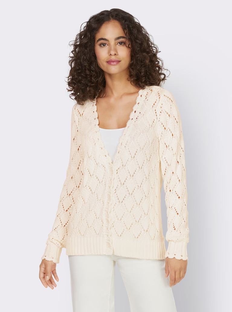 Strickjacke weiß 34 Heine Damen Cardigan Ajourstrick Langarm UVP