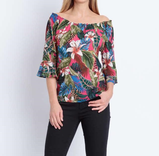 AB.9225 Carmen-Bluse mit Tropic-Druck "pink" Gr. 48 | eBay